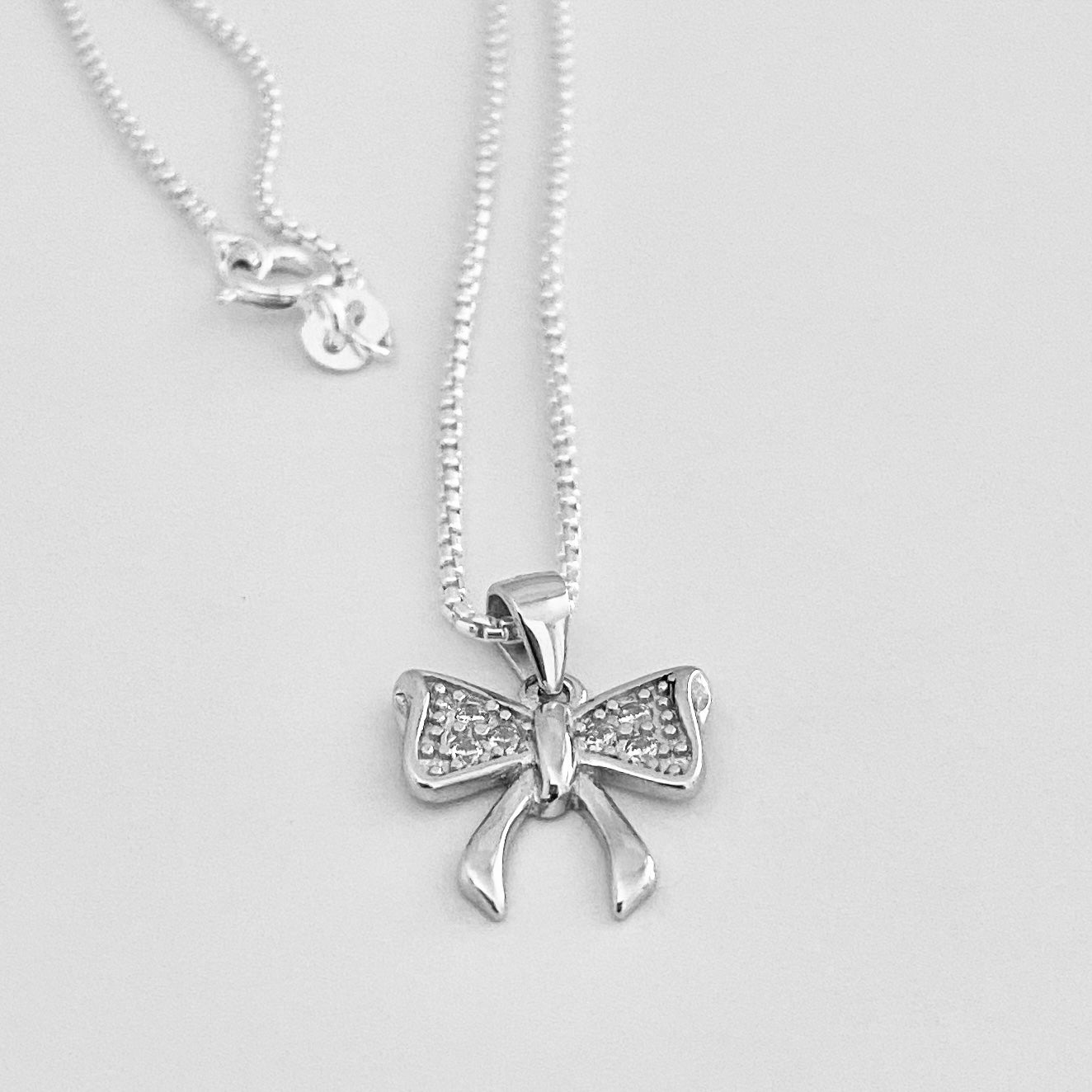 Sterling Silver Minimalist CZ Bow Necklace, Silver Necklaces, Bow Tie Chains