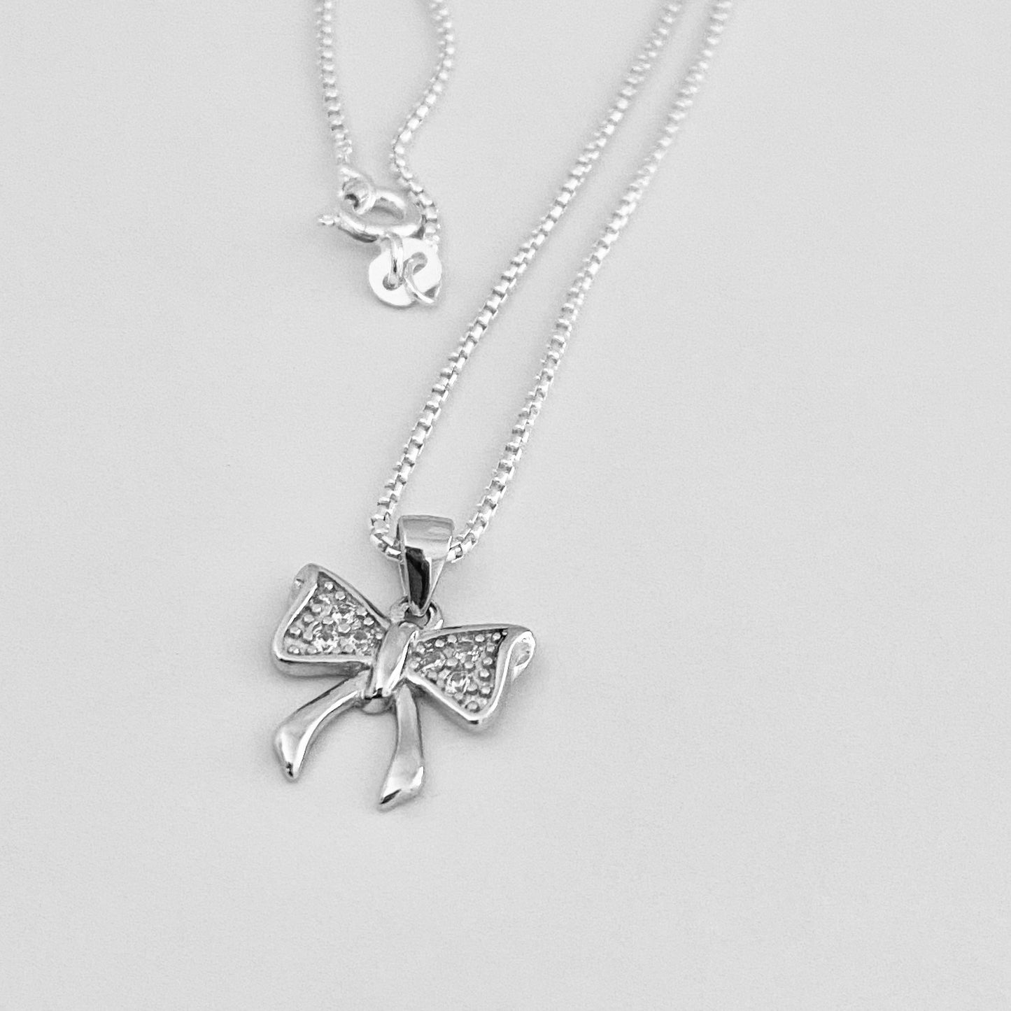 Sterling Silver Minimalist CZ Bow Necklace, Silver Necklaces, Bow Tie Chains