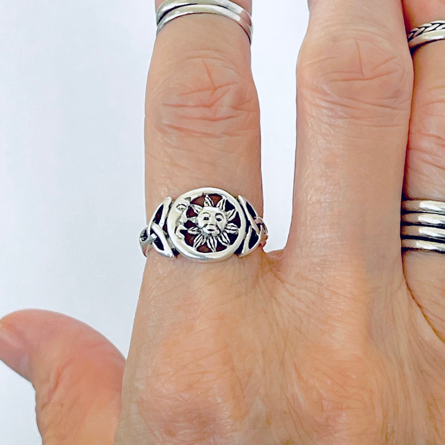 Sterling Silver Sun and Moon Face Ring with Triquetra – Celestial Celtic Boho Silver Rings