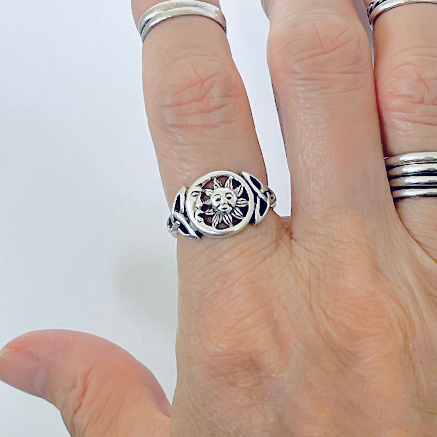 Sterling Silver Sun and Moon Face Ring with Triquetra – Celestial Celtic Boho Silver Rings