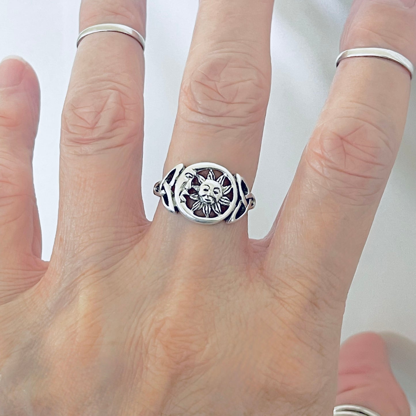 Sterling Silver Sun and Moon Face Ring with Triquetra – Celestial Celtic Boho Silver Rings