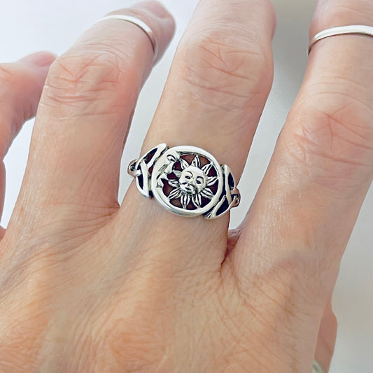Sterling Silver Sun and Moon Face Ring with Triquetra – Celestial Celtic Boho Silver Rings