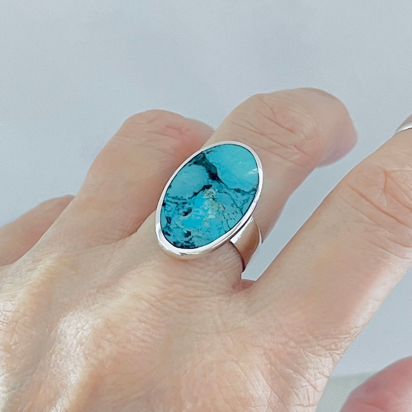 Sterling Silver Statement Oval Genuine Turquoise Ring | Boho Stone Silver Ring