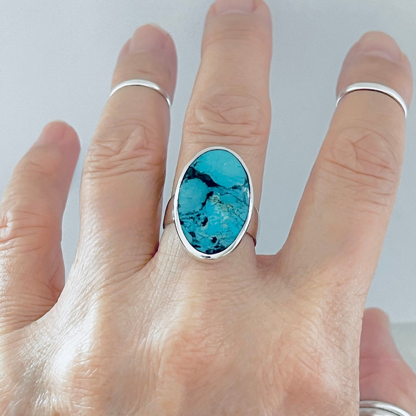 Sterling Silver Statement Oval Genuine Turquoise Ring | Boho Stone Silver Ring