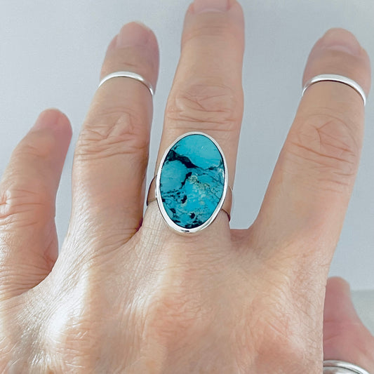 Sterling Silver Statement Oval Genuine Turquoise Ring | Boho Stone Silver Ring