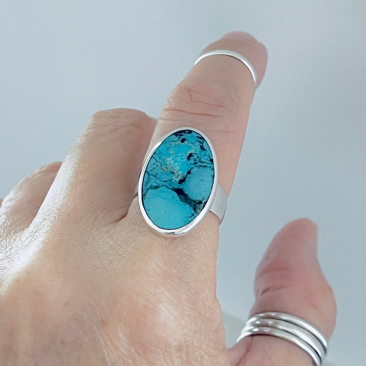 Sterling Silver Statement Oval Genuine Turquoise Ring | Boho Stone Silver Ring