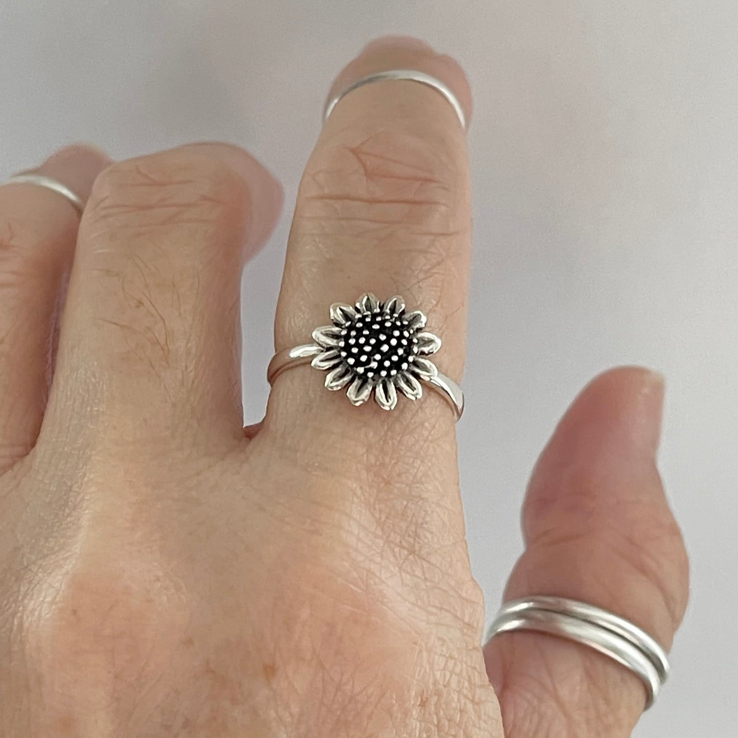 Sterling Silver Large Sunflower Ring, Flower Silver Rings