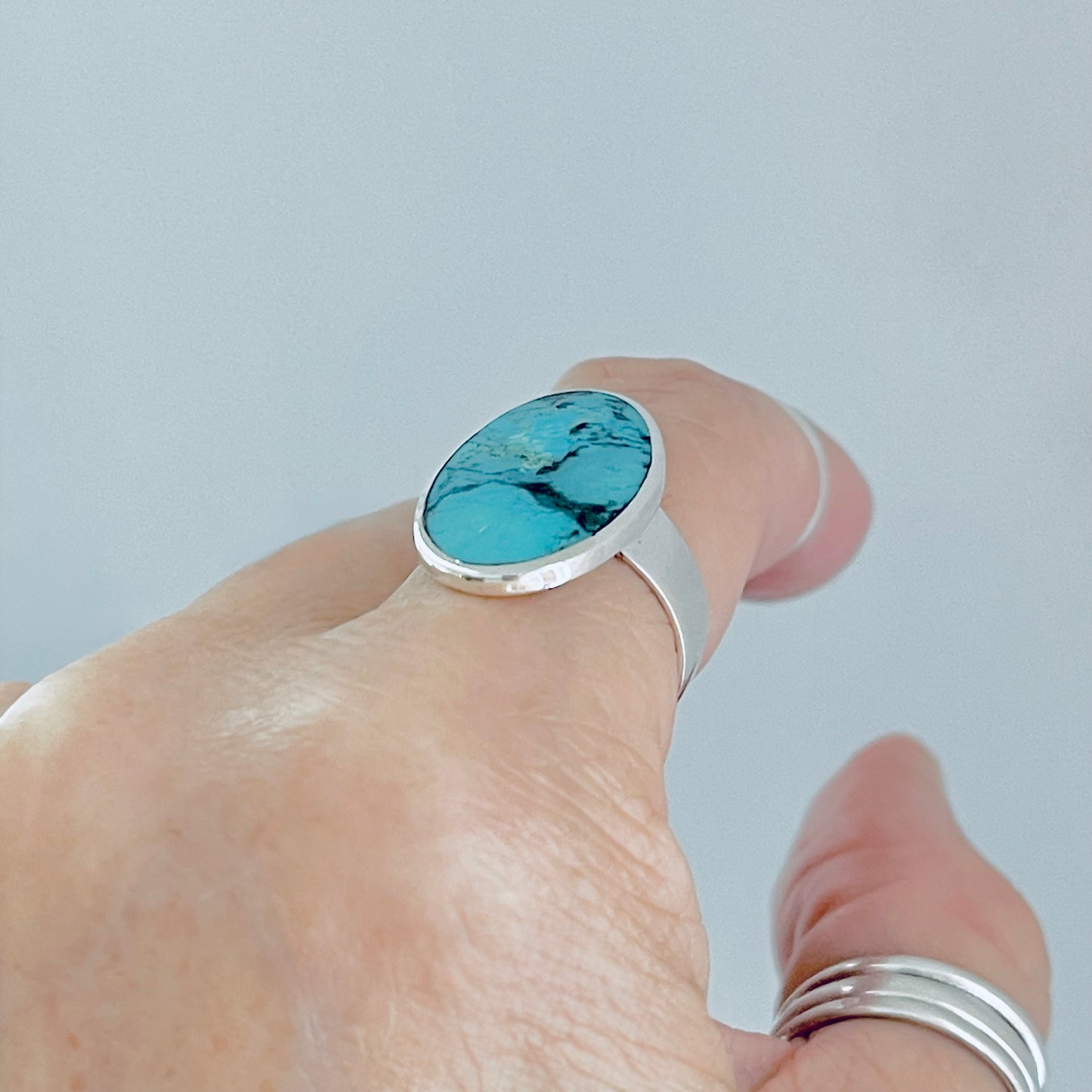 Sterling Silver Statement Oval Genuine Turquoise Ring | Boho Stone Silver Ring