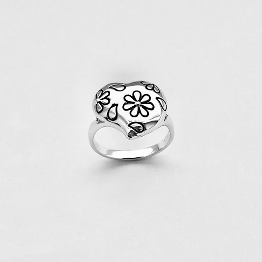 925 Sterling Silver Daisy Puff Heart Ring | Floral & Love Jewelry