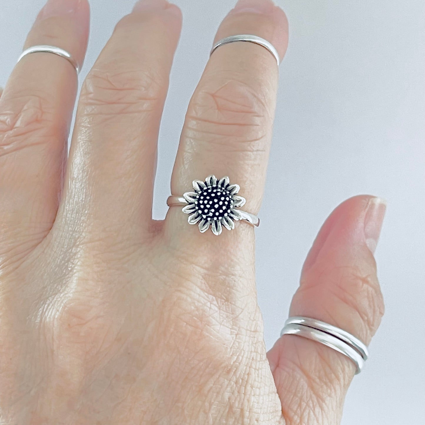 Sterling Silver Statement Sunflower Ring, Happy Flower Jewelry, Sunshine Rings