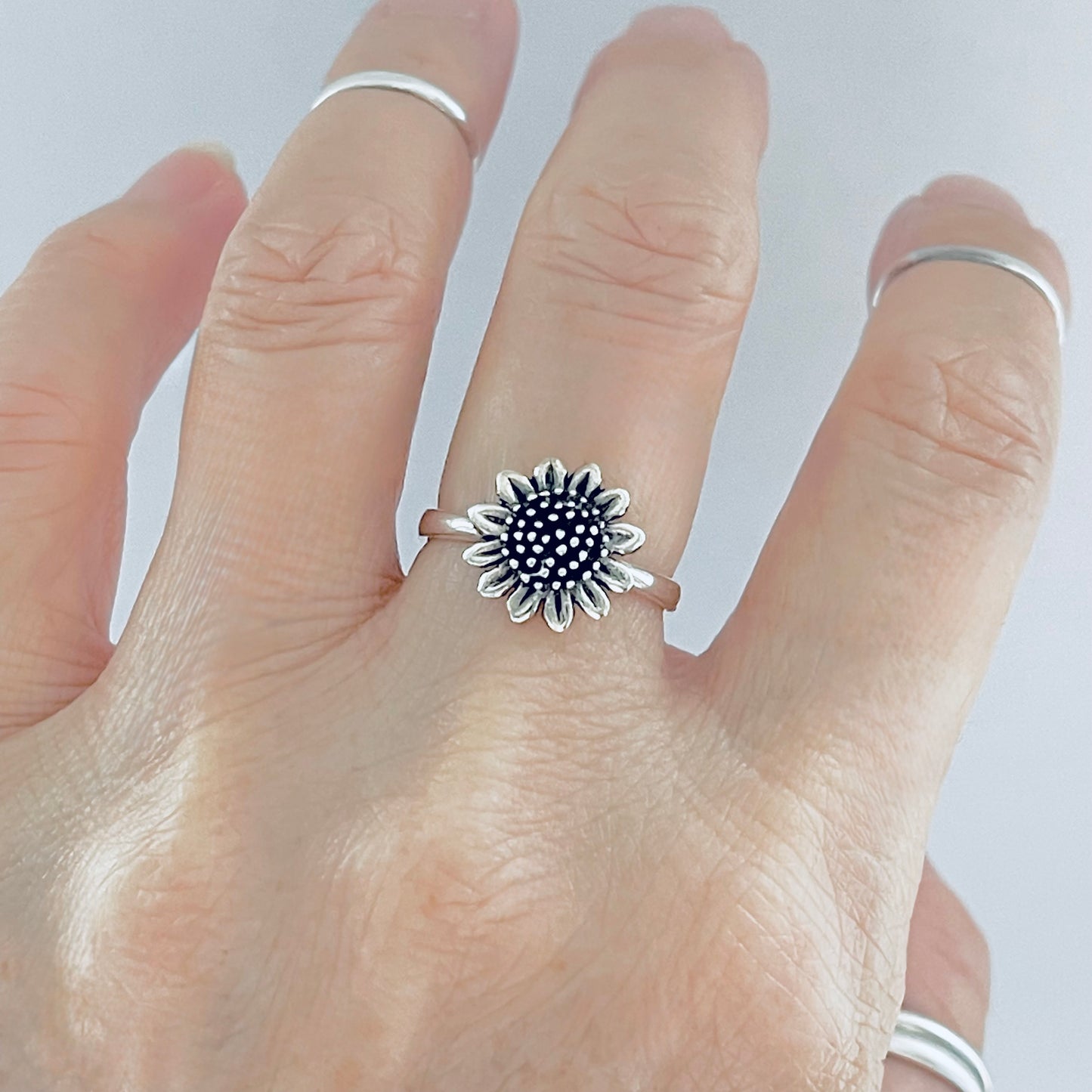 Sterling Silver Statement Sunflower Ring, Happy Flower Jewelry, Sunshine Rings