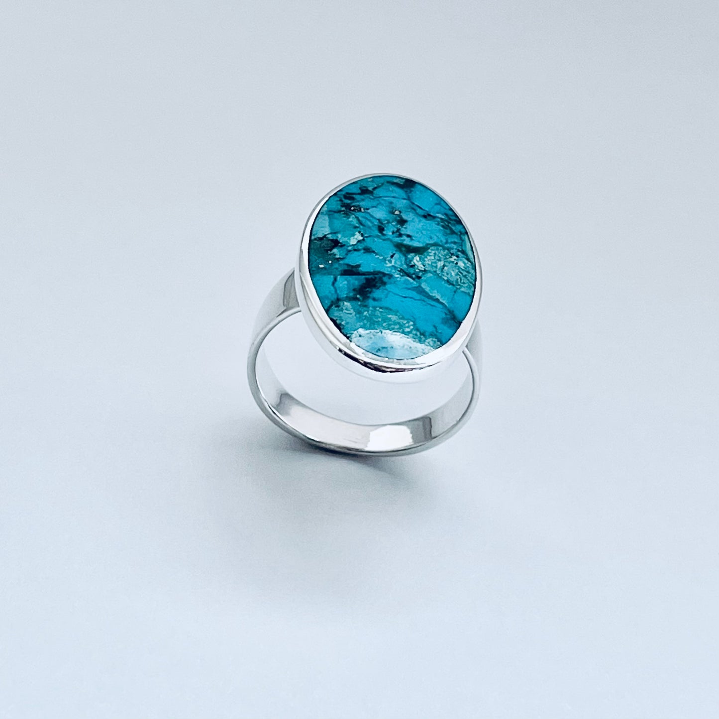 Sterling Silver Statement Oval Genuine Turquoise Ring | Boho Stone Silver Ring