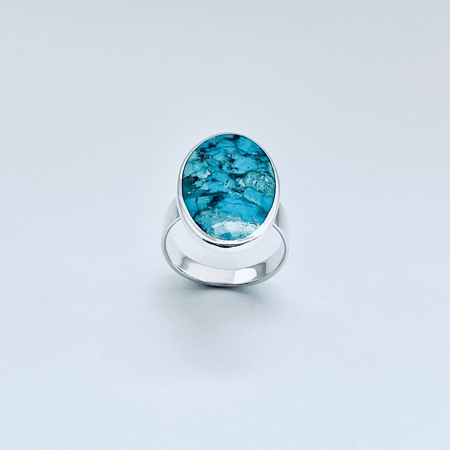 Sterling Silver Statement Oval Genuine Turquoise Ring | Boho Stone Silver Ring