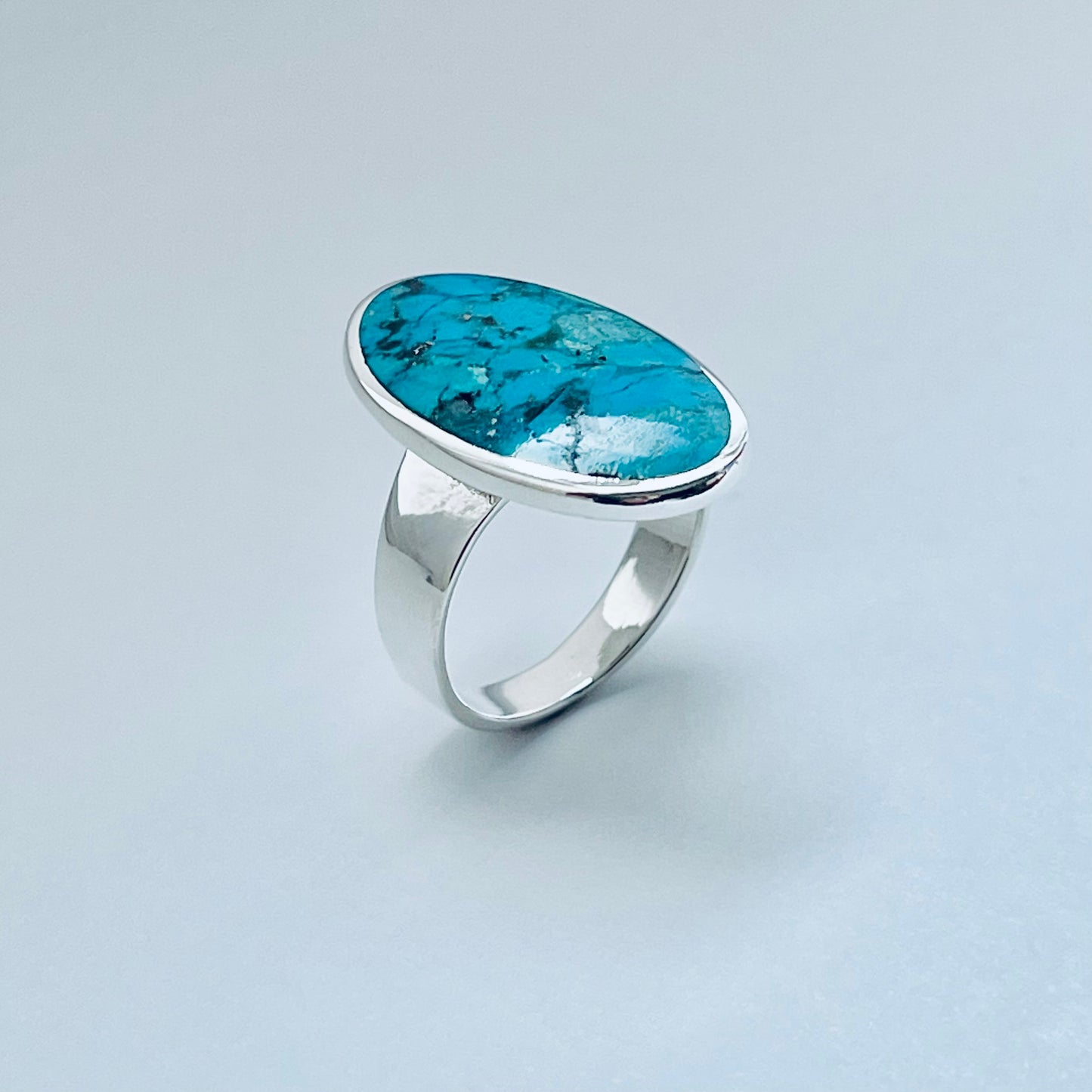 Sterling Silver Statement Oval Genuine Turquoise Ring | Boho Stone Silver Ring