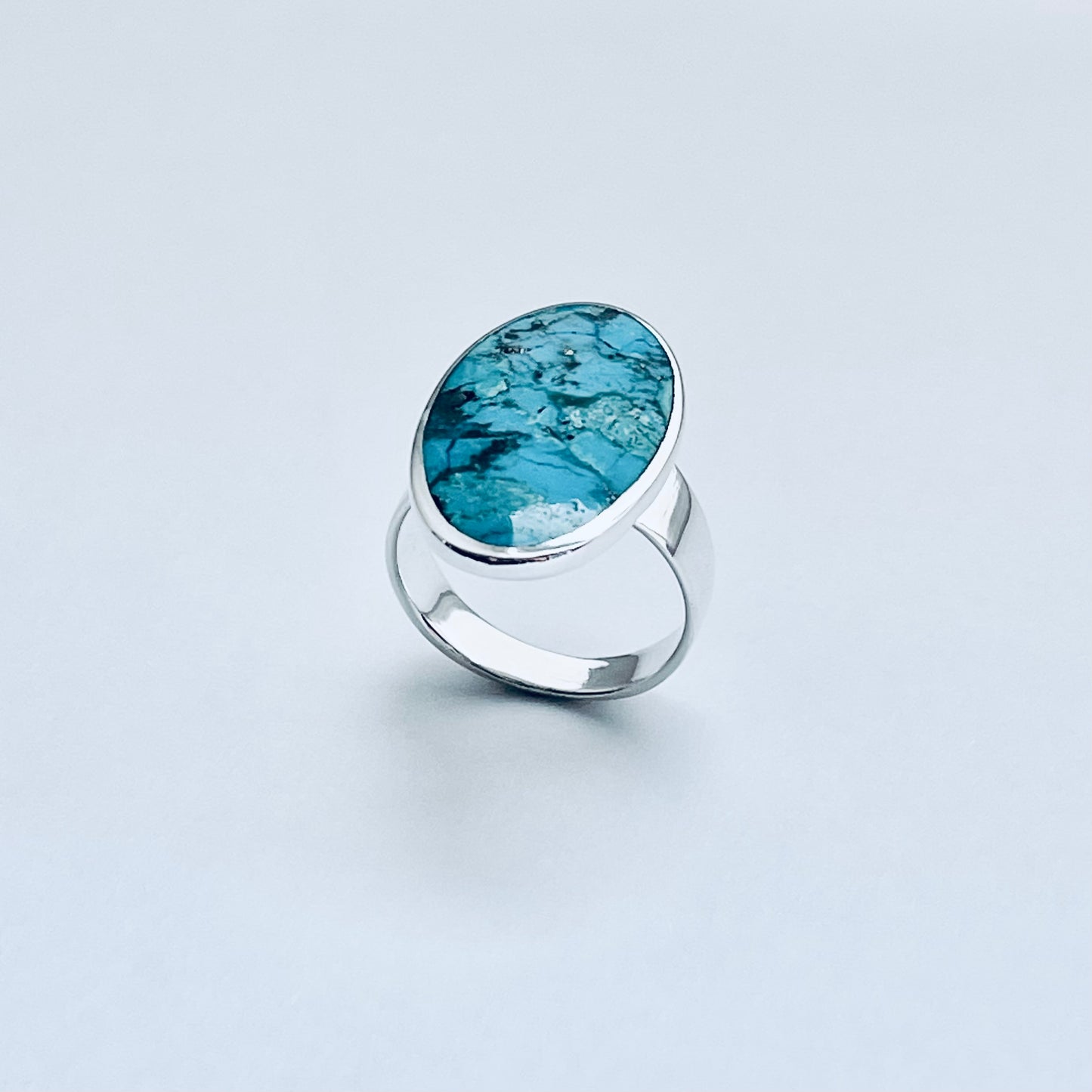 Sterling Silver Statement Oval Genuine Turquoise Ring | Boho Stone Silver Ring