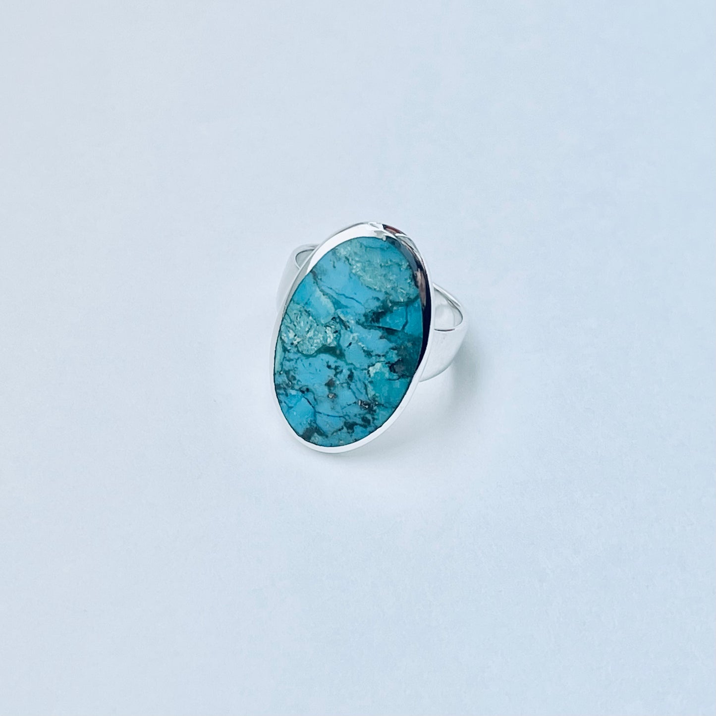 Sterling Silver Statement Oval Genuine Turquoise Ring | Boho Stone Silver Ring