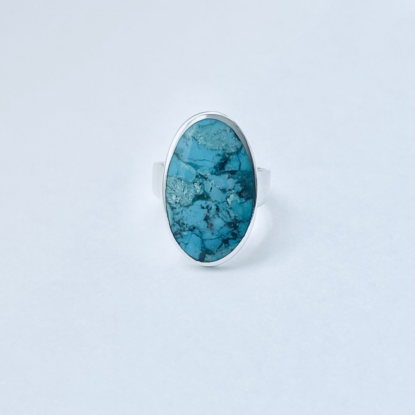 Sterling Silver Statement Oval Genuine Turquoise Ring | Boho Stone Silver Ring