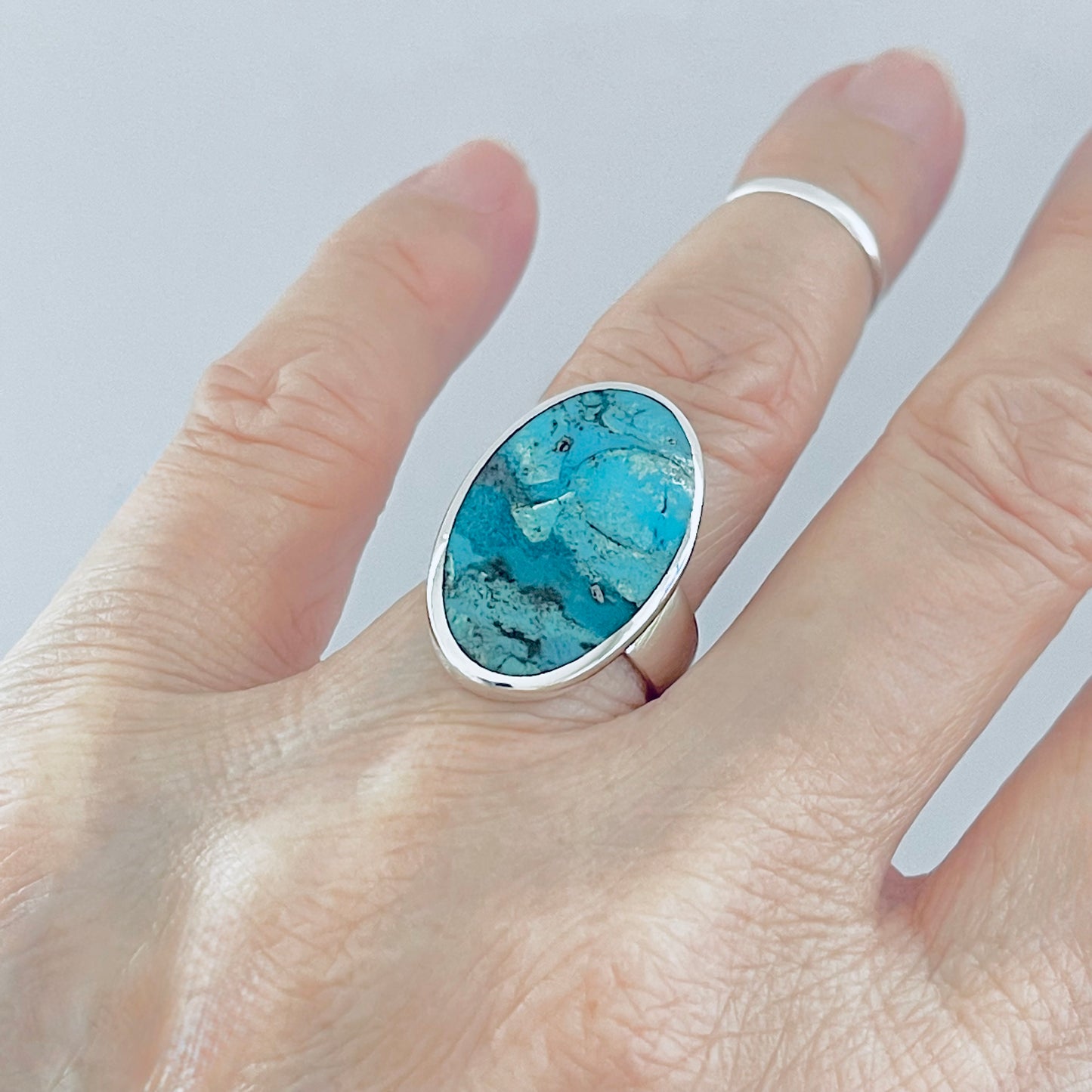 Sterling Silver Statement Oval Genuine Turquoise Ring | Boho Stone Silver Ring