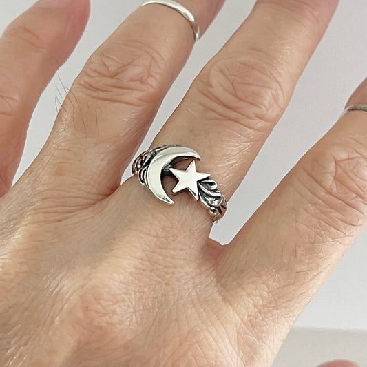 Sterling Silver Large Moon and Star Ring with Swirl, Celestial Silver Rings