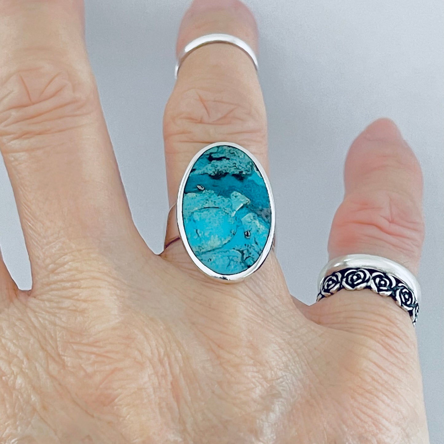 Sterling Silver Statement Oval Genuine Turquoise Ring | Boho Stone Silver Ring