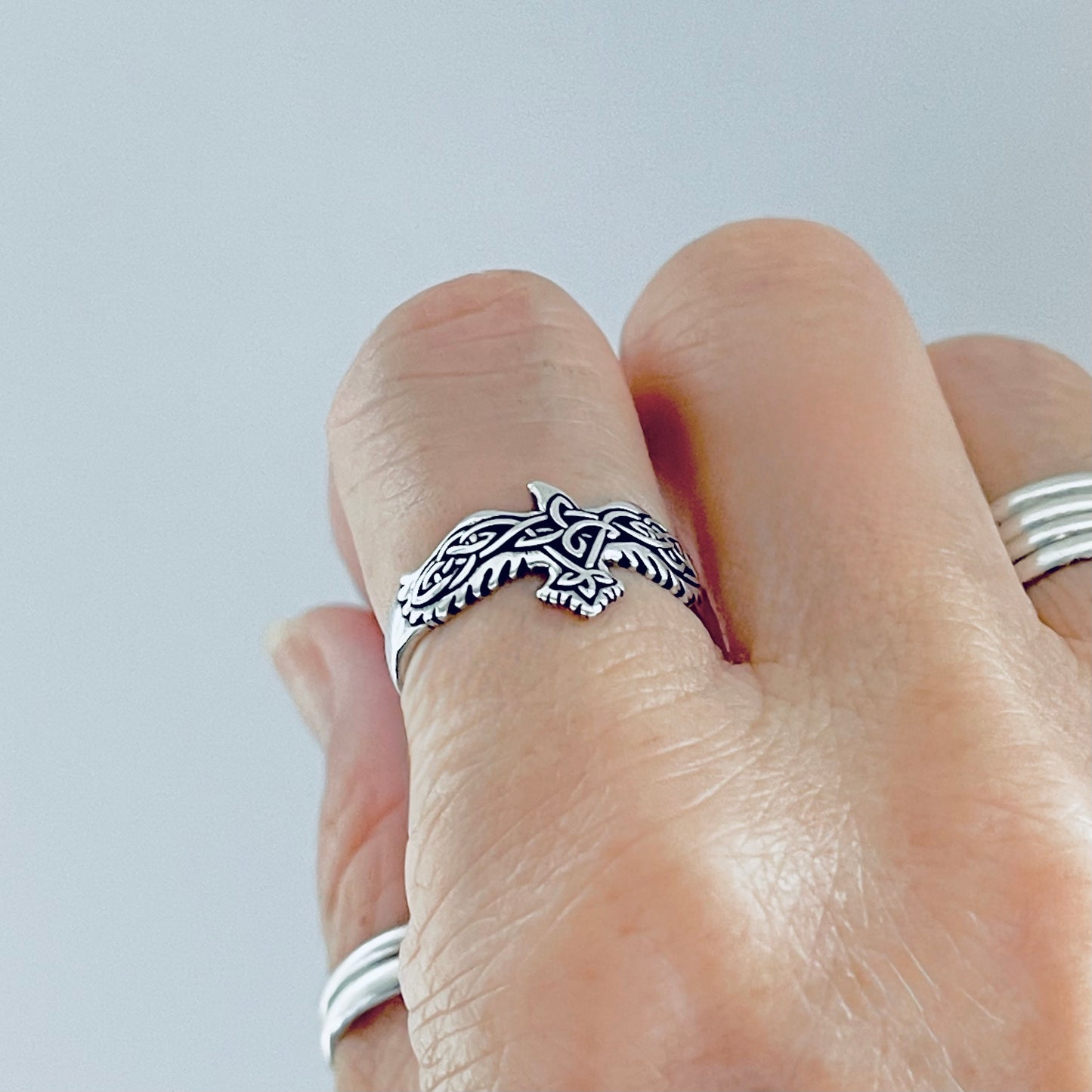 Sterling Silver Celtic Eagle Bird Ring, Spirit Animals, Trinity Knots Jewelry