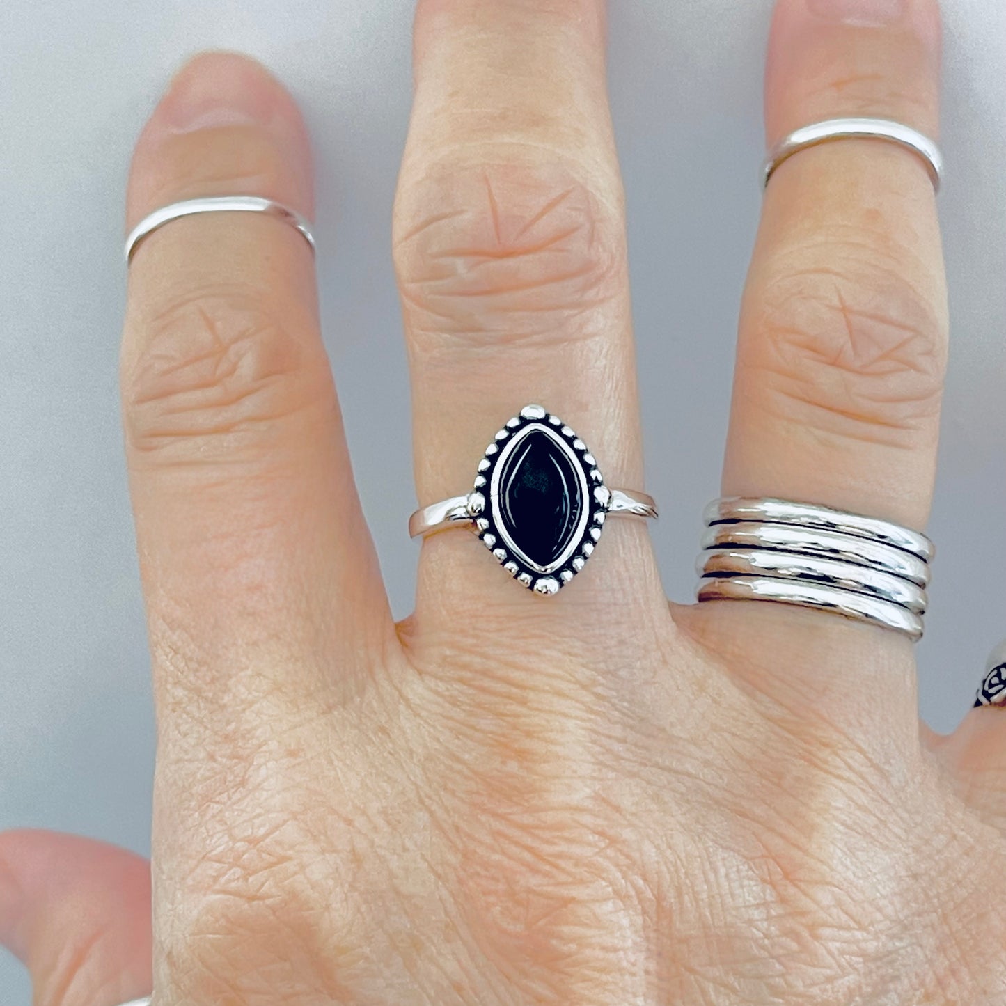 Sterling Silver Diamond Shape Black Onyx Ring | Beaded Stone Silver Rings