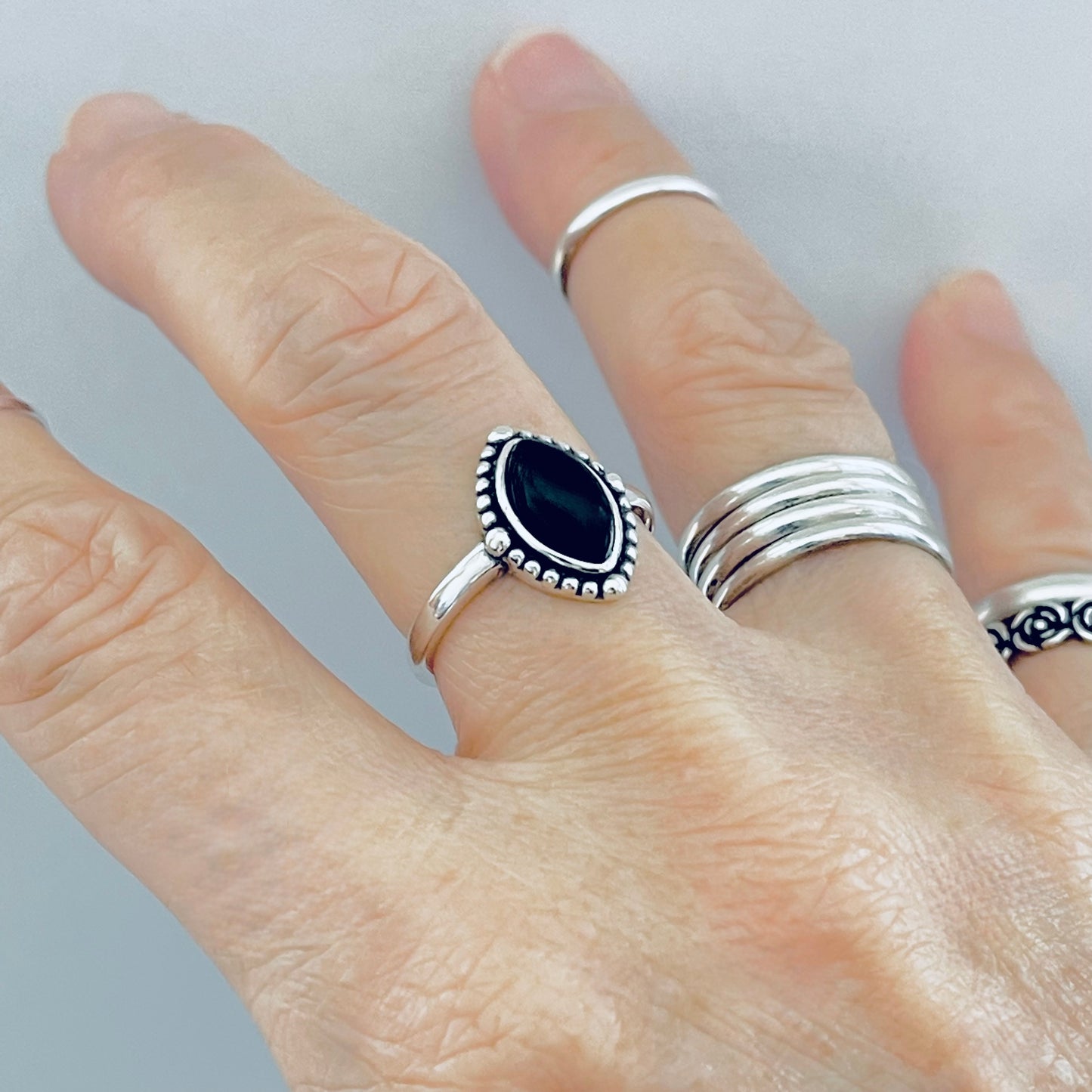 Sterling Silver Diamond Shape Black Onyx Ring | Beaded Stone Silver Rings