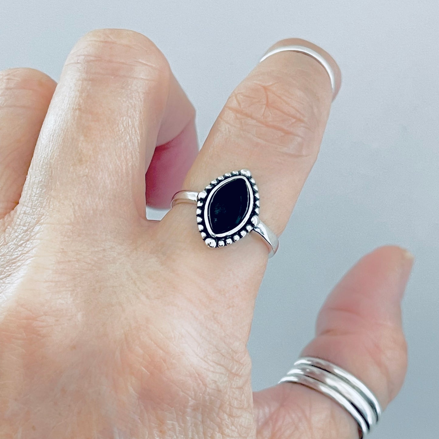 Sterling Silver Diamond Shape Black Onyx Ring | Beaded Stone Silver Rings