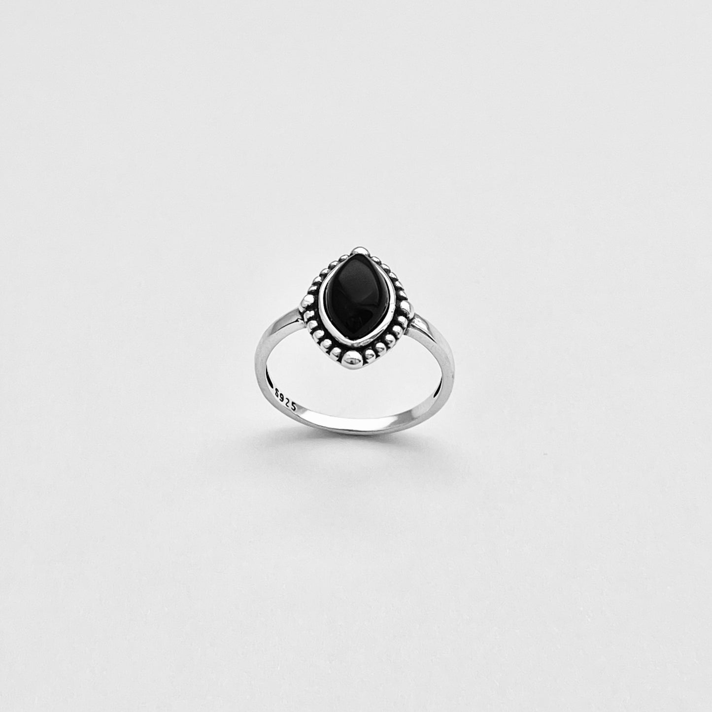 Sterling Silver Diamond Shape Black Onyx Ring | Beaded Stone Silver Rings
