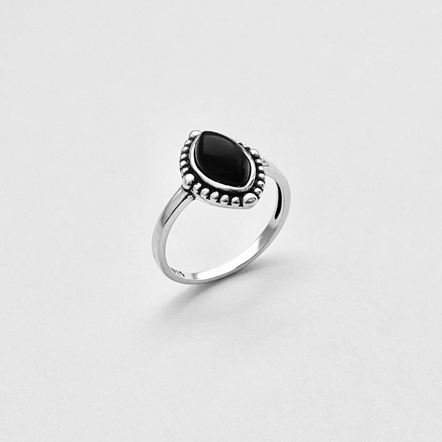 Sterling Silver Diamond Shape Black Onyx Ring | Beaded Stone Silver Rings
