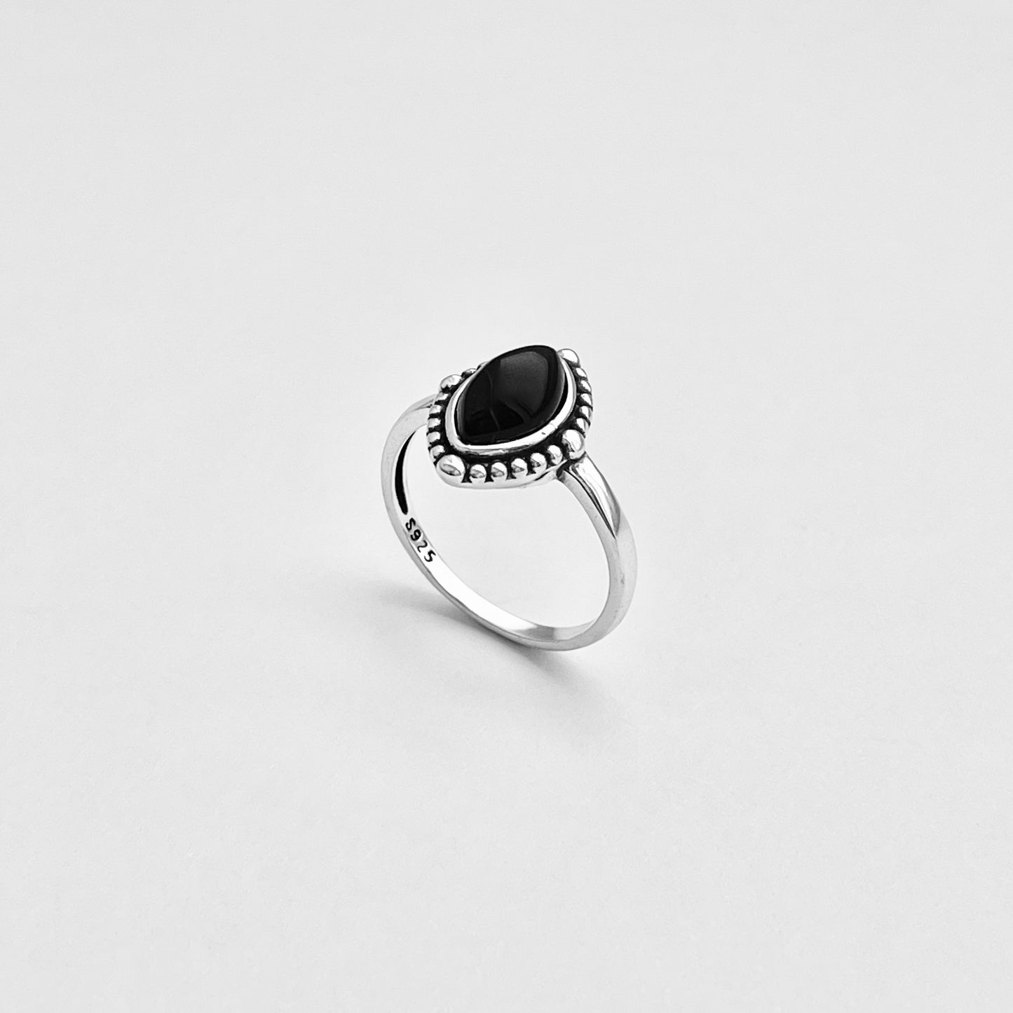 Sterling Silver Diamond Shape Black Onyx Ring | Beaded Stone Silver Rings