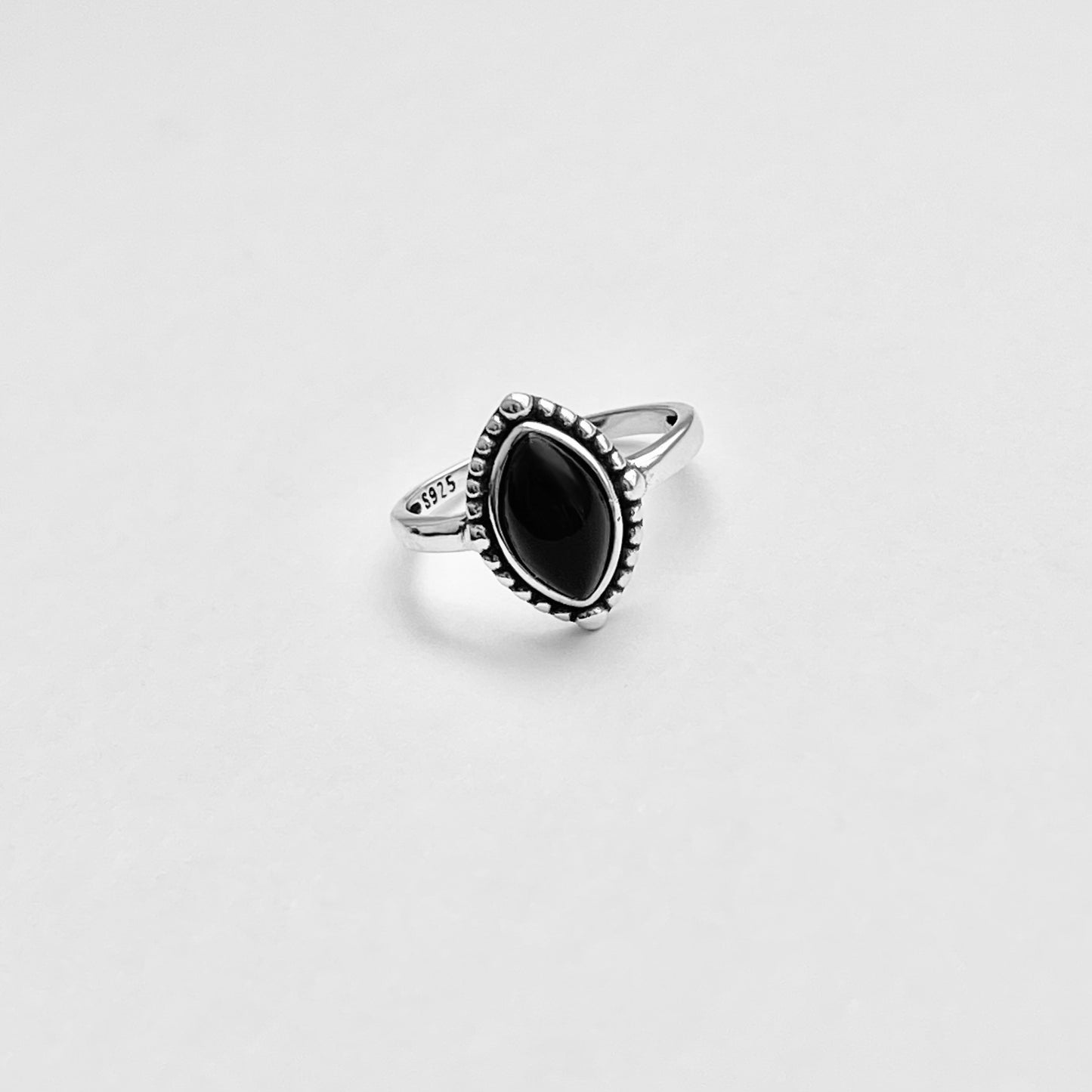 Sterling Silver Diamond Shape Black Onyx Ring | Beaded Stone Silver Rings