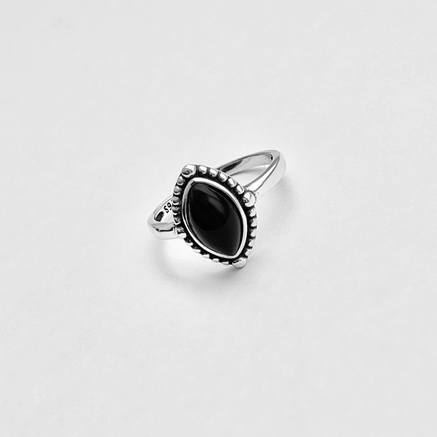 Sterling Silver Diamond Shape Black Onyx Ring | Beaded Stone Silver Rings