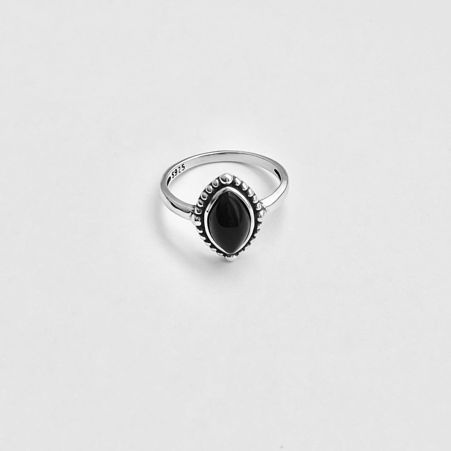 Sterling Silver Diamond Shape Black Onyx Ring | Beaded Stone Silver Rings