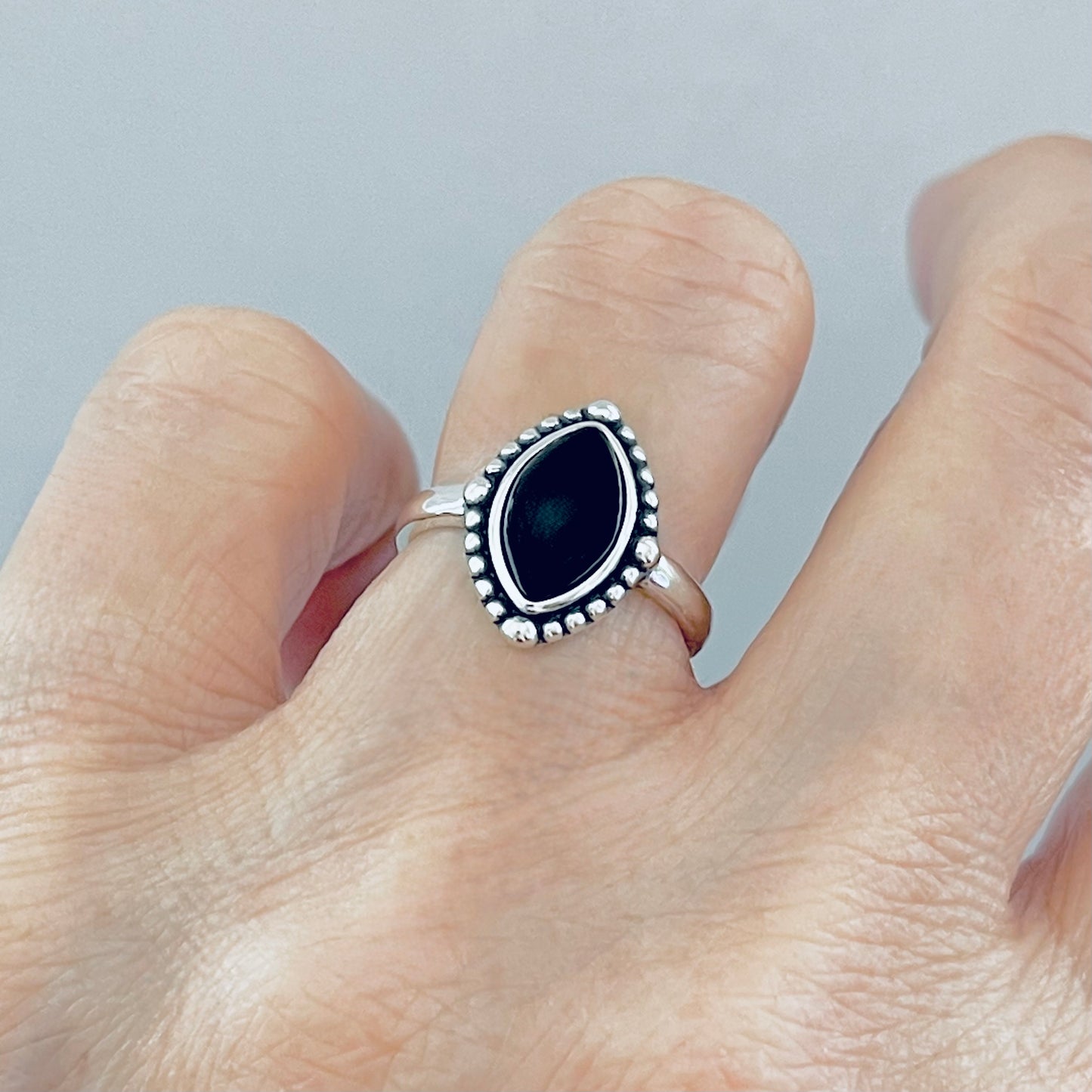 Sterling Silver Diamond Shape Black Onyx Ring | Beaded Stone Silver Rings