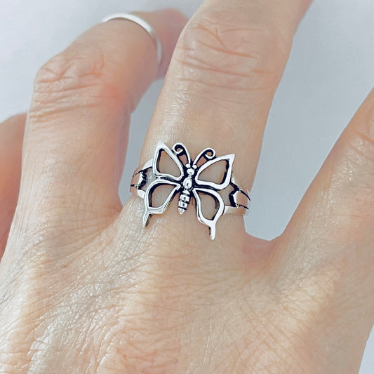 Sterling Silver Large Thin Butterfly Ring – Spirit Bug Nature Statement Silver Rings