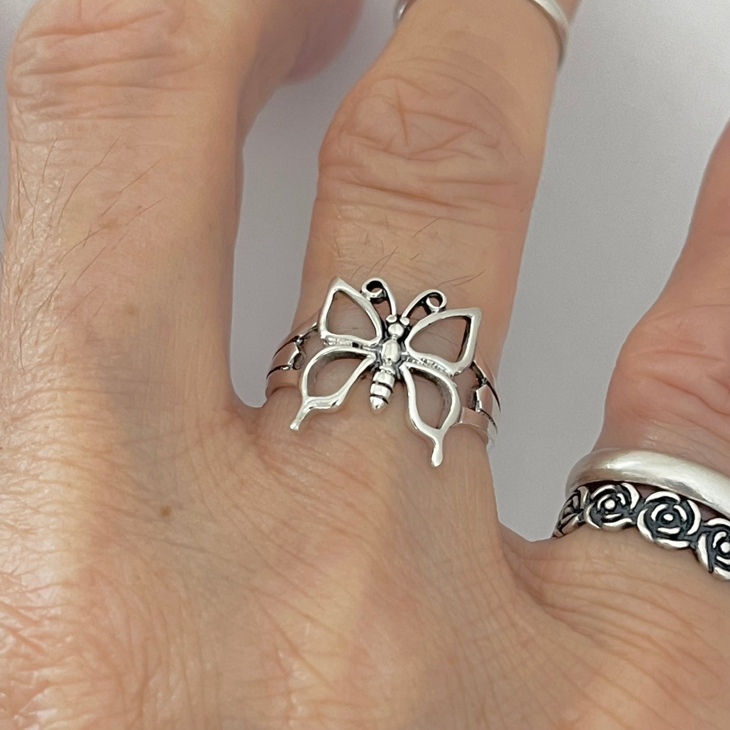 Sterling Silver Large Butterfly Ring, Caterpillar Silver Rings, Spirit Bug Ring