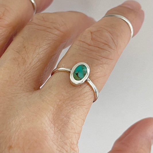 Sterling Silver Small Simple Oval Genuine Turquoise Ring, Minimalist Silver Stone Rings