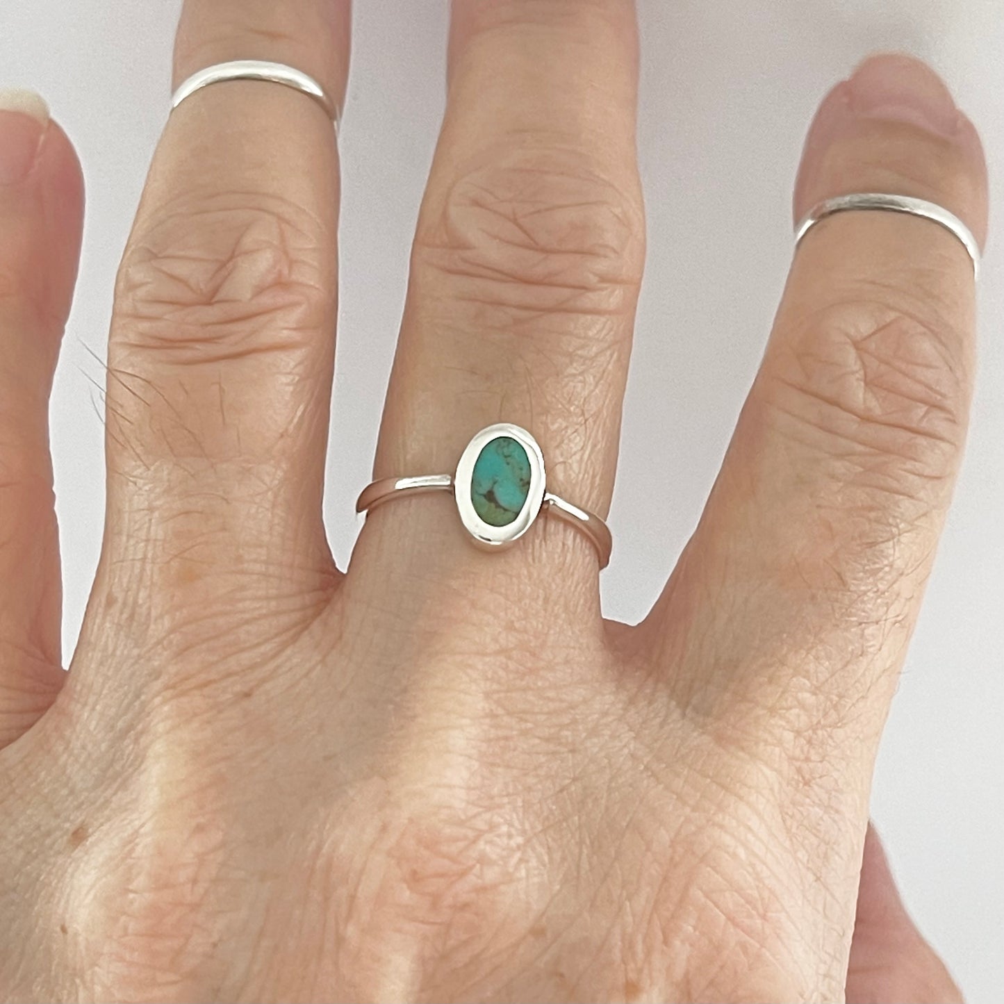 Sterling Silver Small Simple Oval Genuine Turquoise Ring, Minimalist Silver Stone Rings