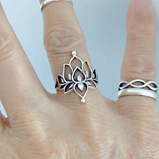 Sterling Silver Statement Mandala Lotus Ring, Purity Jewelry, Spirit Flowers, Floral Rings