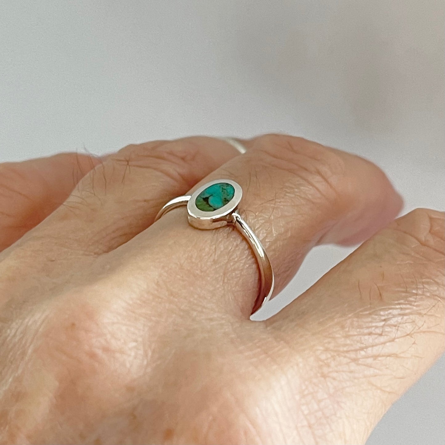 Sterling Silver Small Simple Oval Genuine Turquoise Ring, Minimalist Silver Stone Rings