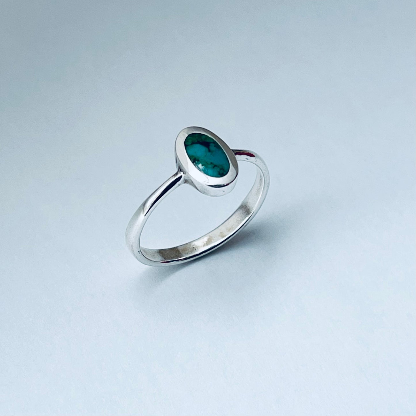 Sterling Silver Small Simple Oval Genuine Turquoise Ring, Minimalist Silver Stone Rings