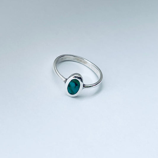 Sterling Silver Small Oval Solitaire Genuine Turquoise Ring – Dainty Minimalist Boho Ring