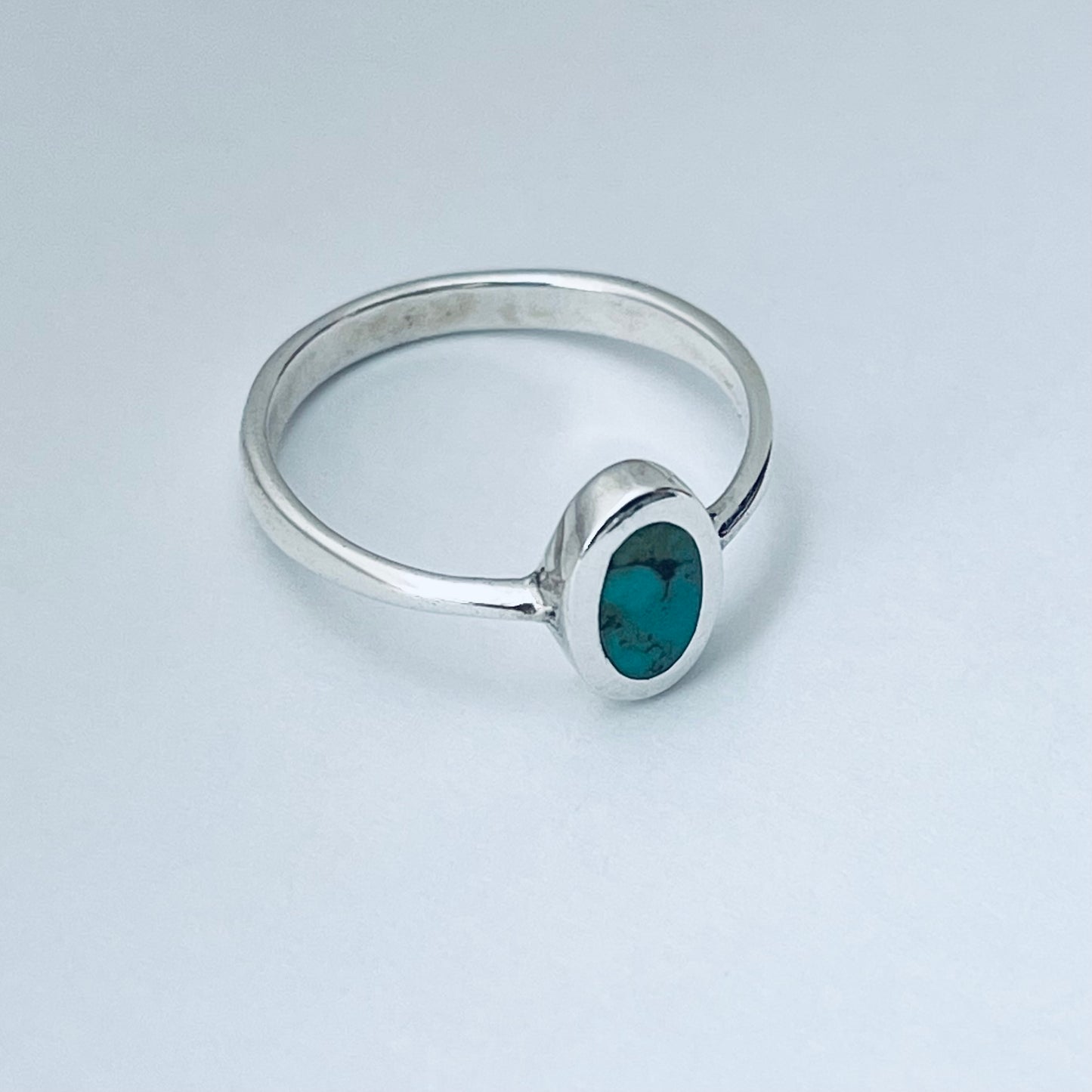 Sterling Silver Small Simple Oval Genuine Turquoise Ring, Minimalist Silver Stone Rings