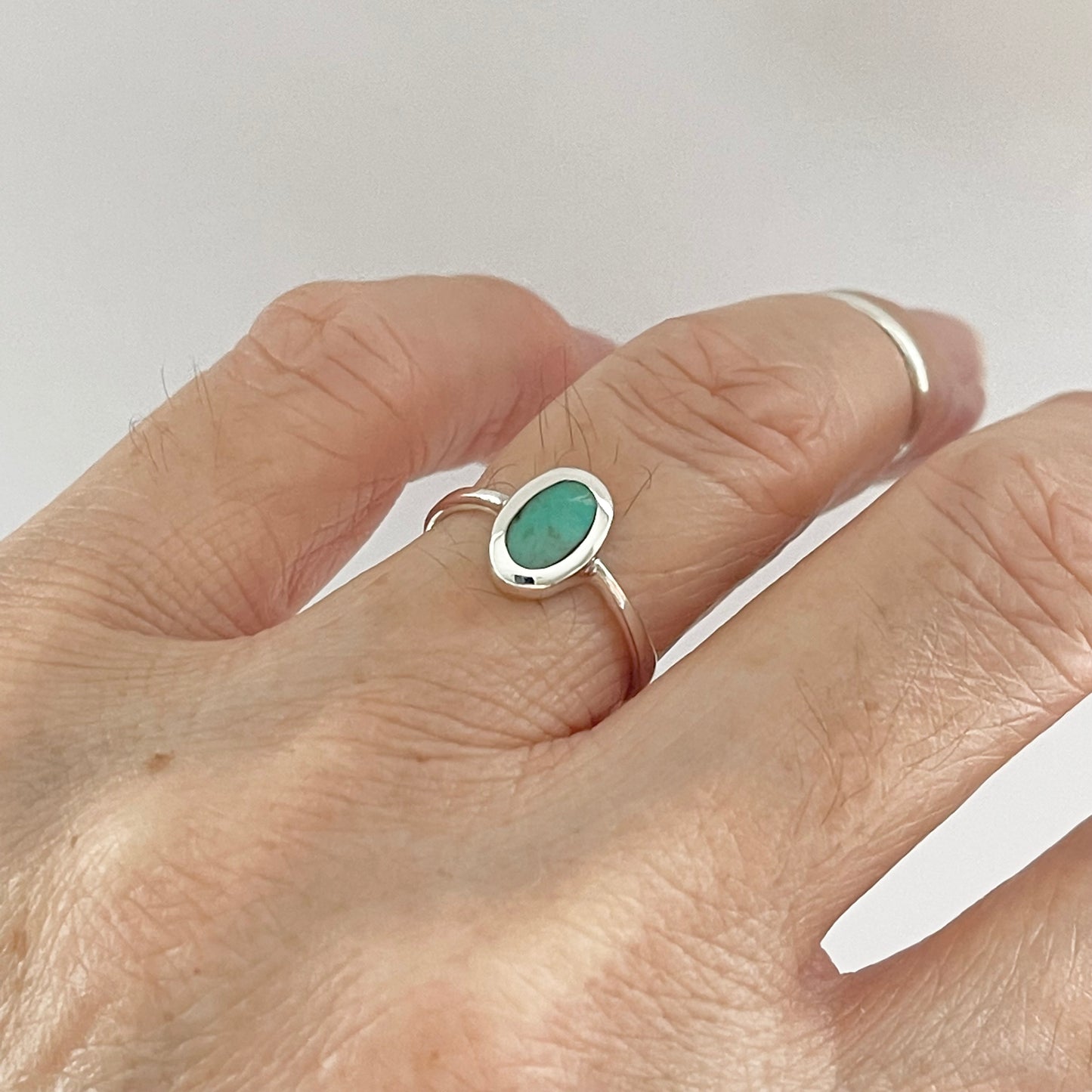 Sterling Silver Small Simple Oval Genuine Turquoise Ring, Minimalist Silver Stone Rings