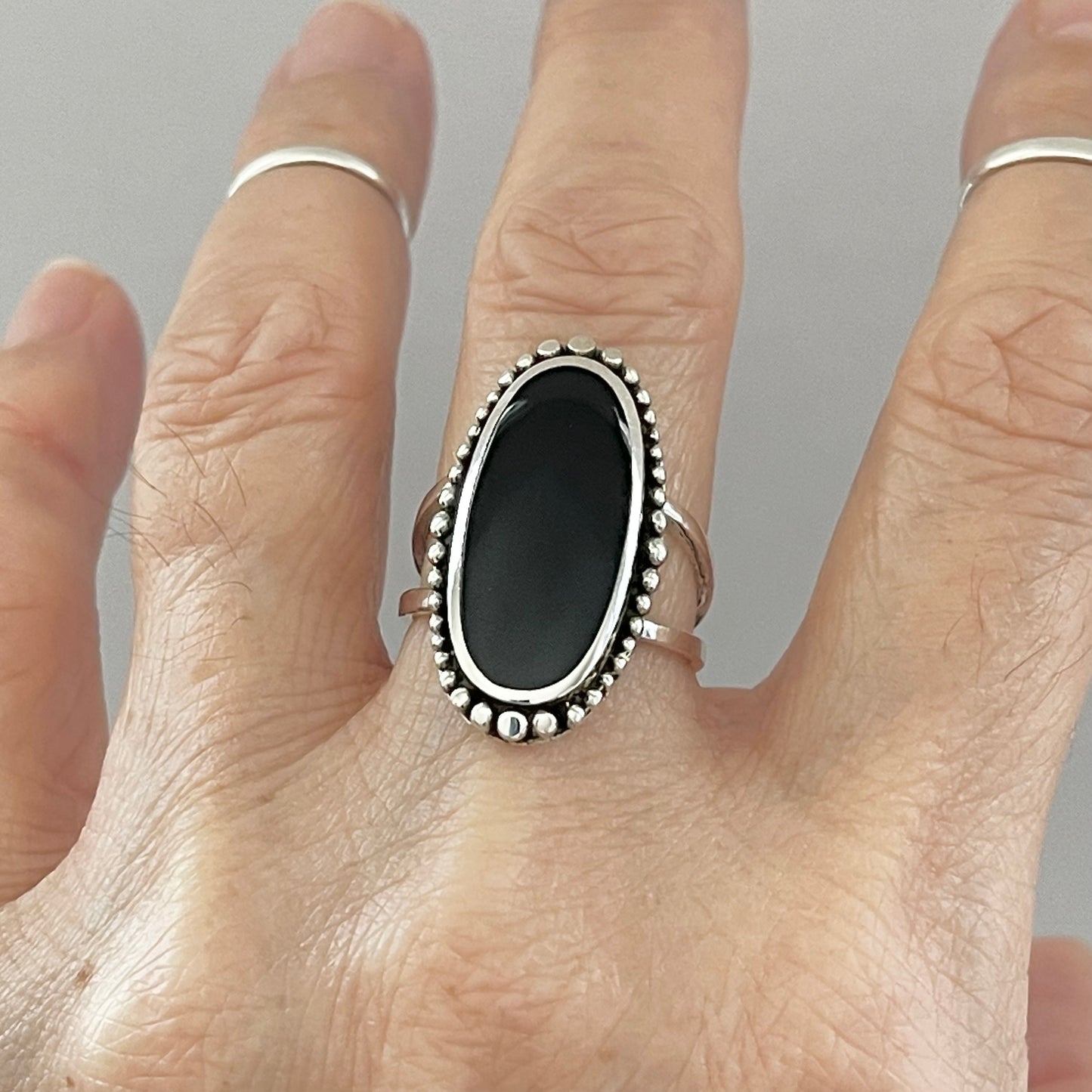 Sterling Silver Beads and Large Oval Black Onyx Ring, Statement Stone Silver Rings