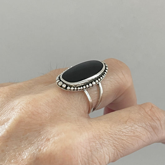 Sterling Silver Beads and Large Oval Black Onyx Ring, Statement Stone Silver Rings