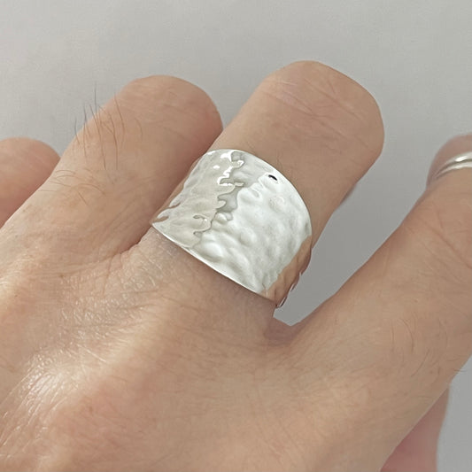 Sterling Silver Thin Hammered Concave Ring, Boho Statement Silver Ring