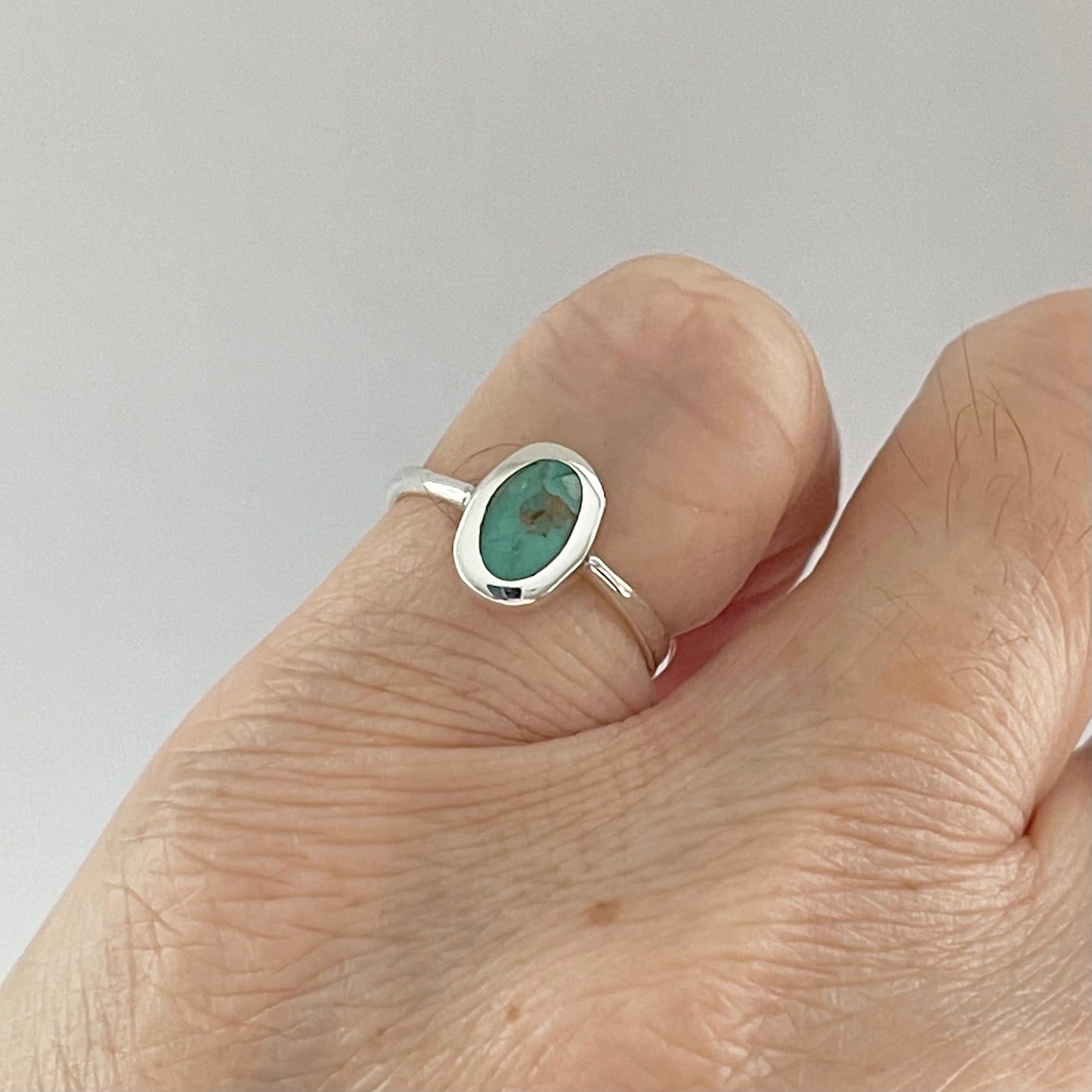 Sterling Silver Small Simple Oval Genuine Turquoise Ring, Minimalist Silver Stone Rings