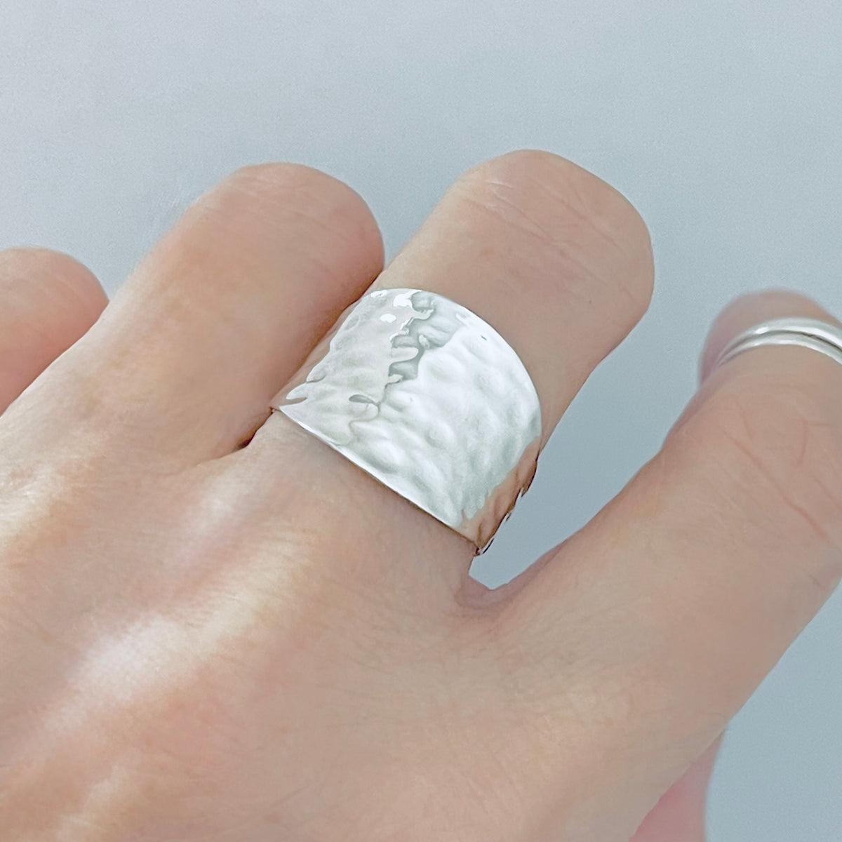 925 Sterling Silver Thin Hammered Concave Ring | Statement Boho Wide Silver Rings